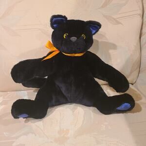 Hallmark Midnight The Black Halloween Cat 10" Orange Satin Bow Plush Green Eyes